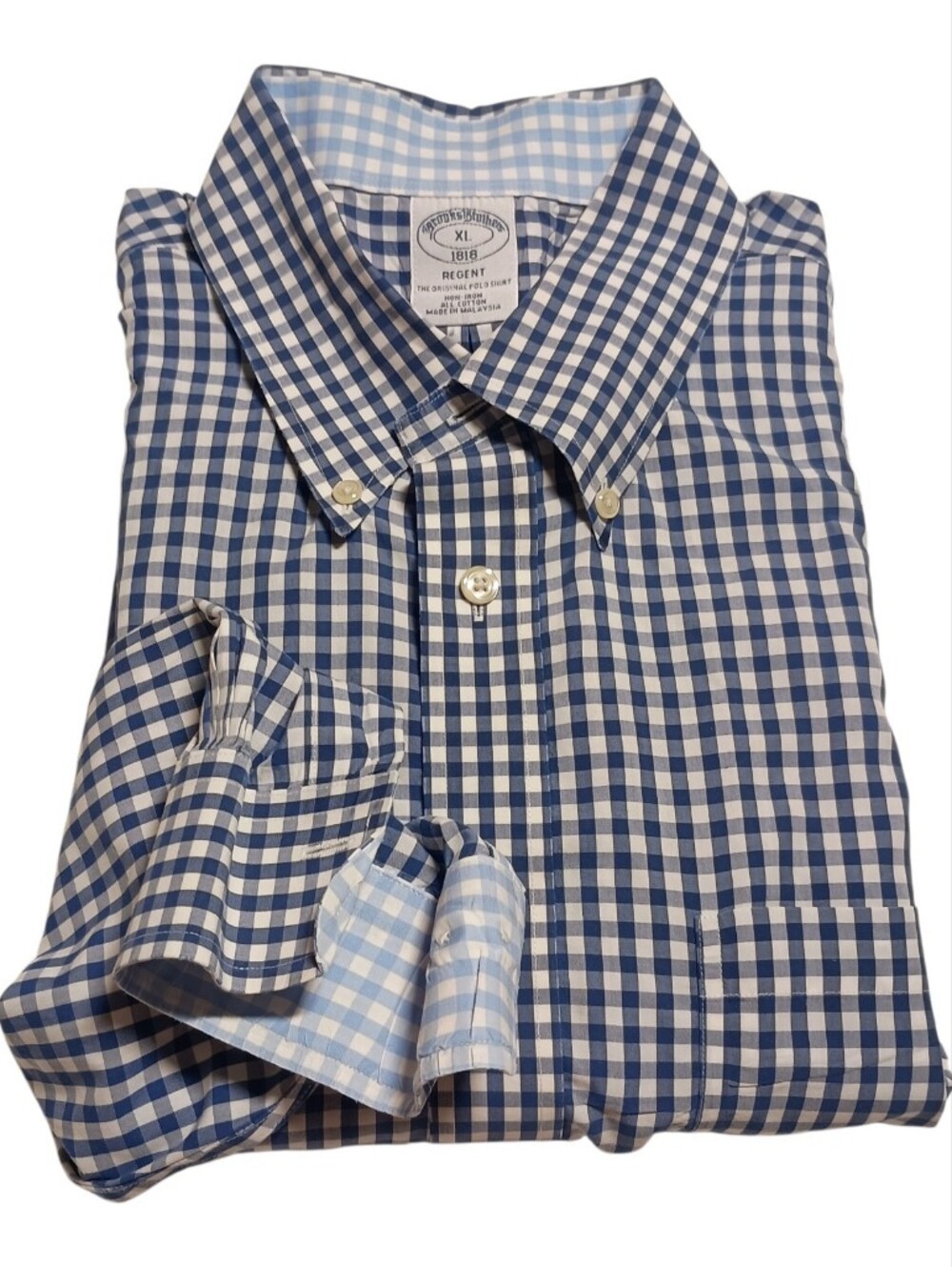Brooks Brothers 1818 Regent Button Down Mens XL Gingham Shirt Blue White Contra